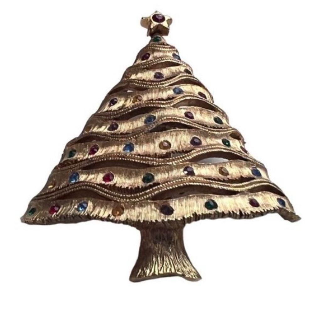 Vintage Jonette Jewelry (JJ) Gold Tone Rhinestone Christmas Tree Brooch